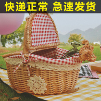Picnic basket ins Japanese style portable with lid rattan chic basket Fruit Bread Gift Outdoor Round Handmade