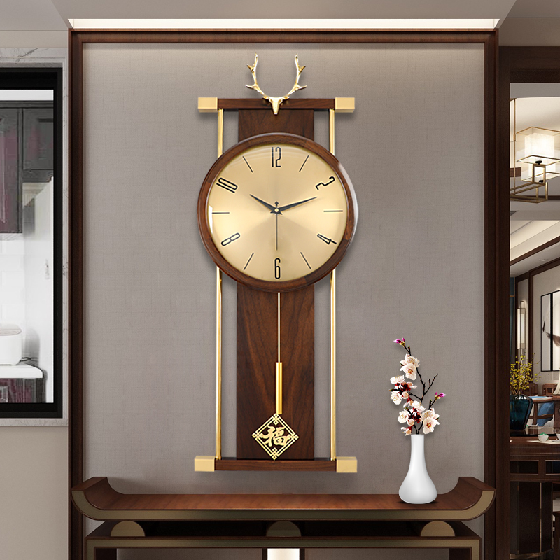New Chinese style light luxury deer head wall clock atmospheric Chinese style living room household pure copper solid wood clock watch fashion hanging watch