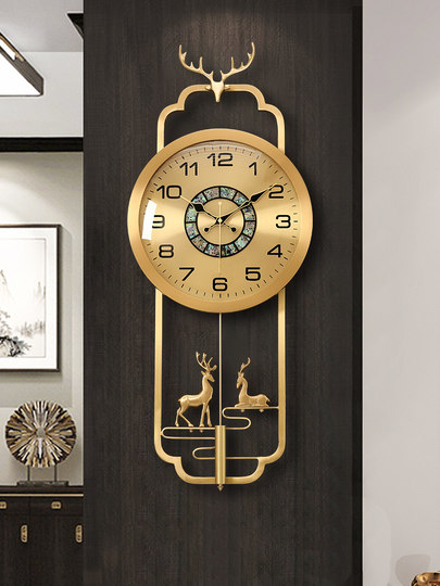 新中式黄铜挂钟家用轻奢表挂墙客厅装饰壁钟大厅玄关静音石英钟表
