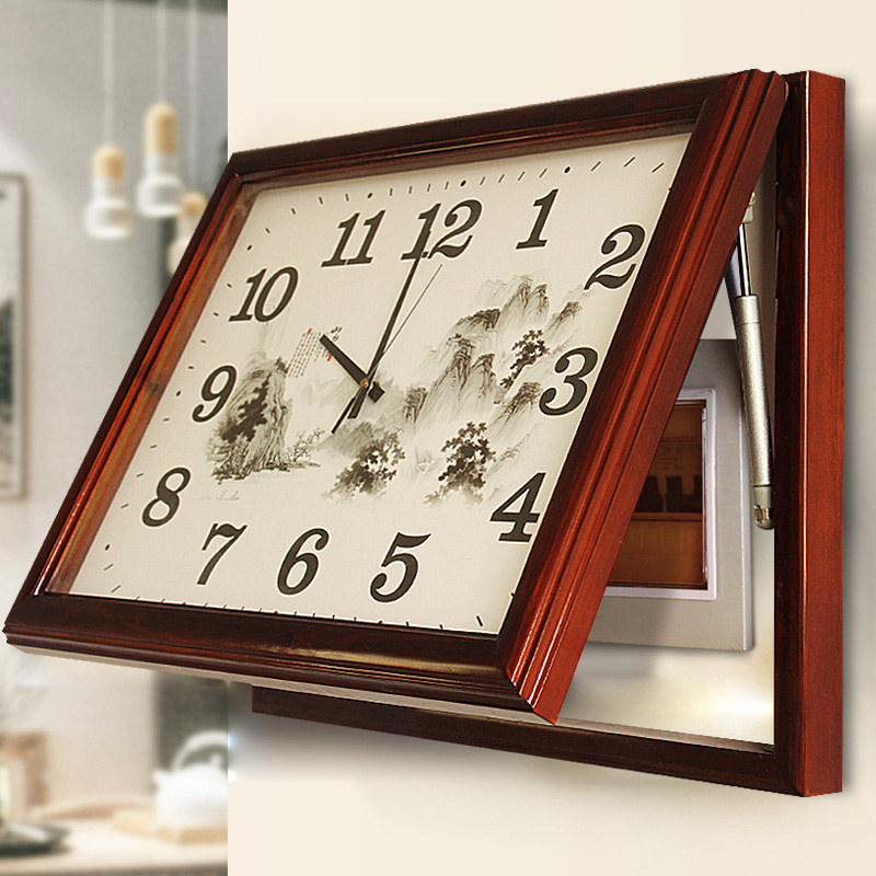 Love Shida retro European living room meter box occlusion mute wall clock Decorative painting solid wood rectangular wall clock