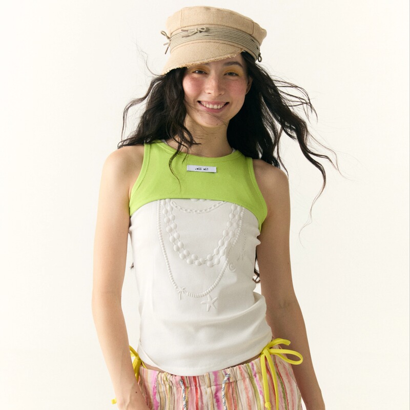 Wii Wil Three-Dimensional Embossed Pearl Necklace Vest/Cropped Tank Top Wii Wil Three-Dimensional Embossed Pearl Necklace Vest/Cropped Tank Top