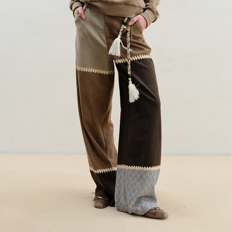 【Haniqizi Style】Wii Wil Wool Straight-Leg Pants with Shell Embroidery, Multi-Color Patchwork, Winter Casual Pants for Women 【Haniqizi Style】Wii Wil Wool Straight-Leg Pants with Shell Embroidery, Multi-Color Patchwork, Winter Casual Pants for Women