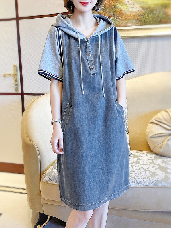 Plus Size Denim Patchwork Dress for Women, Short-Sleeved, for Chubby Girls, Summer 150kg Mid-Length Loose Slimming Straight Dress