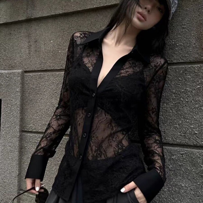 Polo Collar Long-Sleeve Sheer Mesh Thin Sexy Black Lace Patchwork V-Neck Shirt Women's Slim Fit Top Polo Collar Long-Sleeve Sheer Mesh Thin Sexy Black Lace Patchwork V-Neck Shirt Women's Slim Fit Top