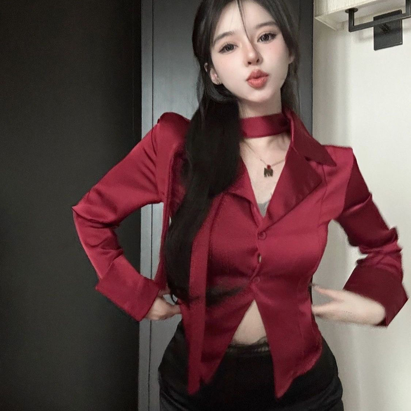 Red Suit Collar Long-Sleeved Shirt for Women, Spring French Style, Waist-Cinching, Slim-Fit Casual Shirt, Unique and Elegant Ribbon Top