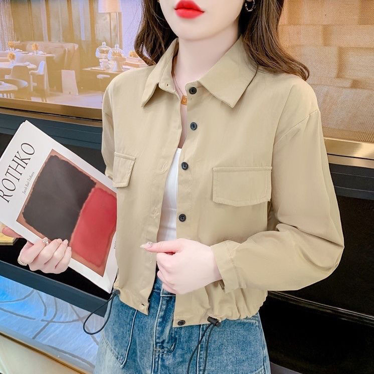 2025 Autumn New Korean Style Versatile Loose Simple Drawstring Design Long Sleeve Casual Shirt Short Top for Women 2025 Autumn New Korean Style Versatile Loose Simple Drawstring Design Long Sleeve Casual Shirt Short Top for Women