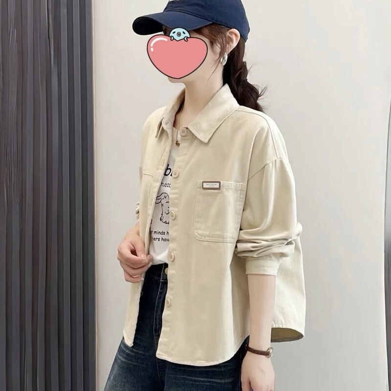 Pink Hong Kong-Style Design Short Denim Shirt Jacket for Women, New Spring Model with a Turn-Down Collar, Loose Fit, Versatile Long-Sleeve Shirt