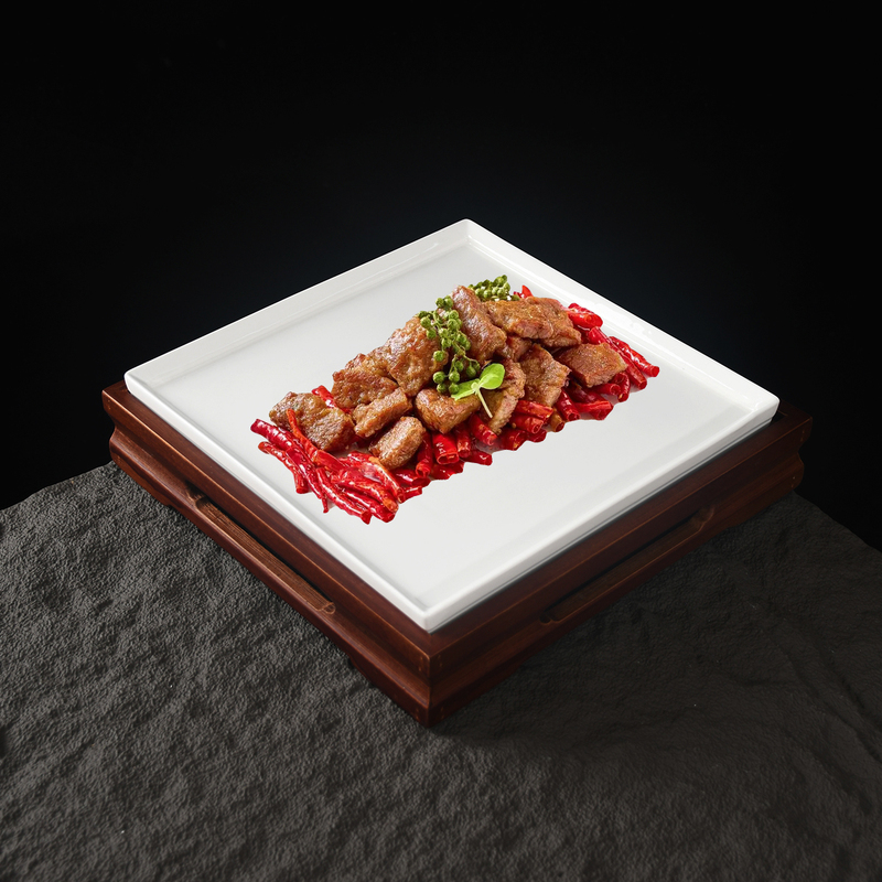 Chinese-Style Bamboo Base with White Ceramic Square Cold Dish Plate, High-End Restaurant Combination Hotel Tableware Chinese-Style Bamboo Base with White Ceramic Square Cold Dish Plate, High-End Restaurant Combination Hotel Tableware