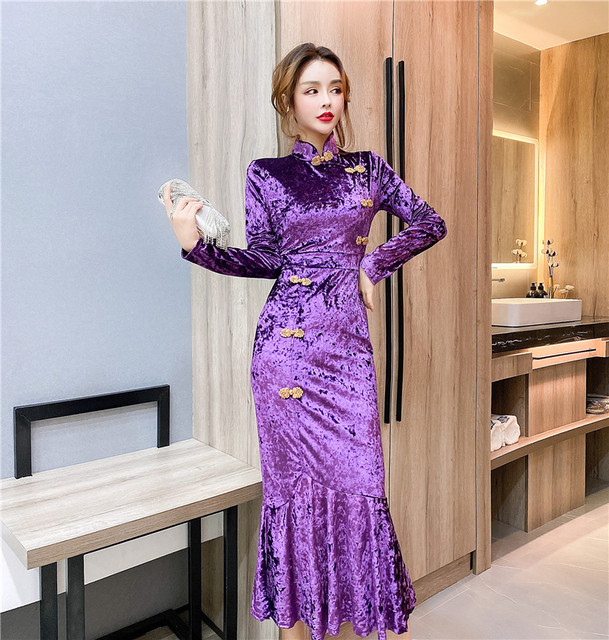 2022 autumn and winter new fashion gold velvet tight-fitting cheongsam dress long skirt fishtail bag hip long-sleeved dress women's clothing