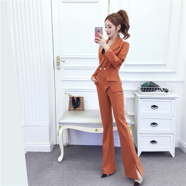 2022 autumn and winter Korean version temperament celebrity irregular long-sleeved jacket waist slit flared trousers two-piece suit female