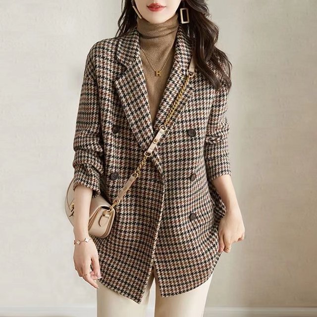 Suit collar houndstooth woolen coat women 2022 autumn and winter new women's clothing fashion temperament high-end mid-length coat