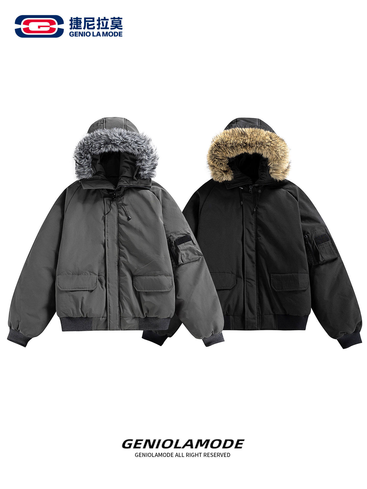 Geniolamode American Retro Fur Collar Parka down Jacket for Men, Winter Warm 90% White Duck down Workwear Coat