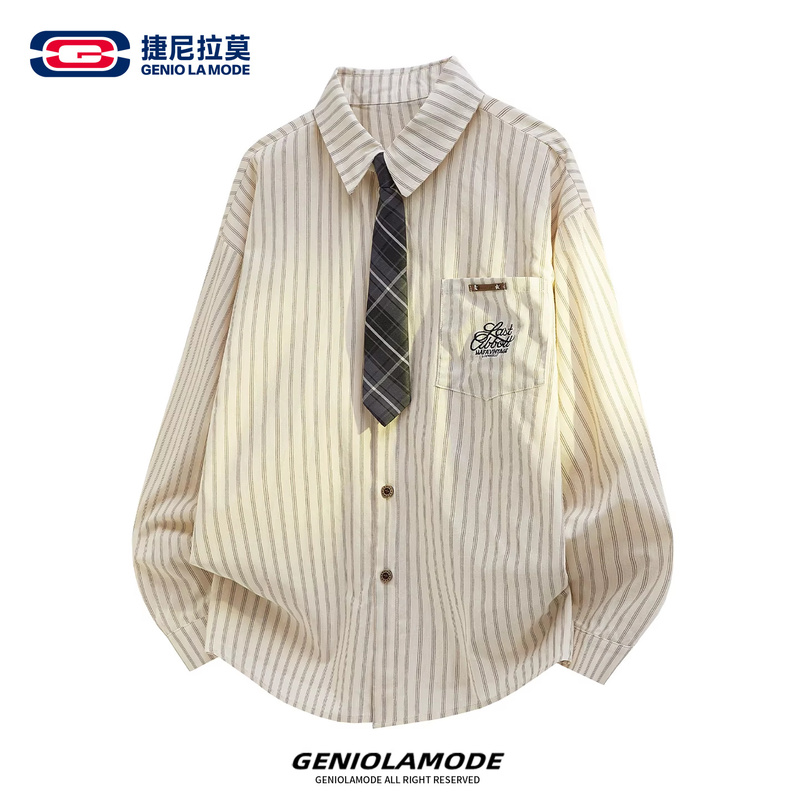 Geniolamode Japanese-Style Striped Tie Lapel Long-Sleeve Shirt Men's Autumn New Casual Color-Block Jacket Geniolamode Japanese-Style Striped Tie Lapel Long-Sleeve Shirt Men's Autumn New Casual Color-Block Jacket