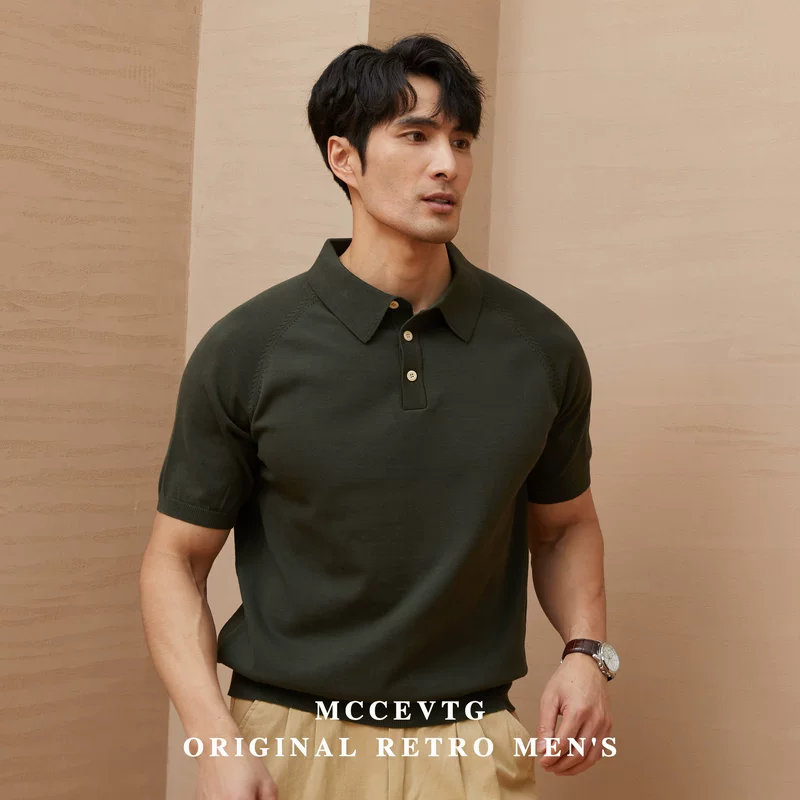 MCCEVTG Knitted polo, retro summer T-shirt, American style, with short sleeve