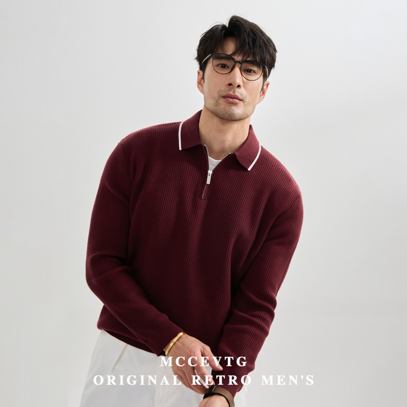 Mccevtg Italian Style Old Money Color-Blocked Lapel Knit Sweater Men's Long-Sleeve Red Holiday Zipper Textured Sweater Mccevtg Italian Style Old Money Color-Blocked Lapel Knit Sweater Men's Long-Sleeve Red Holiday Zipper Textured Sweater