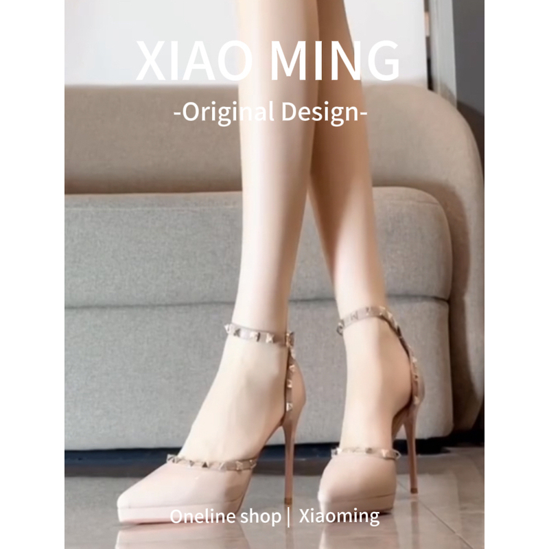 Nude Patent Leather Studded One-Strap High-Heeled Sandals for Women, New Pointed-Toe Stiletto Heels with Waterproof Platform and Hollow Design Nude Patent Leather Studded One-Strap High-Heeled Sandals for Women, New Pointed-Toe Stiletto Heels with Waterproof Platform and Hollow Design