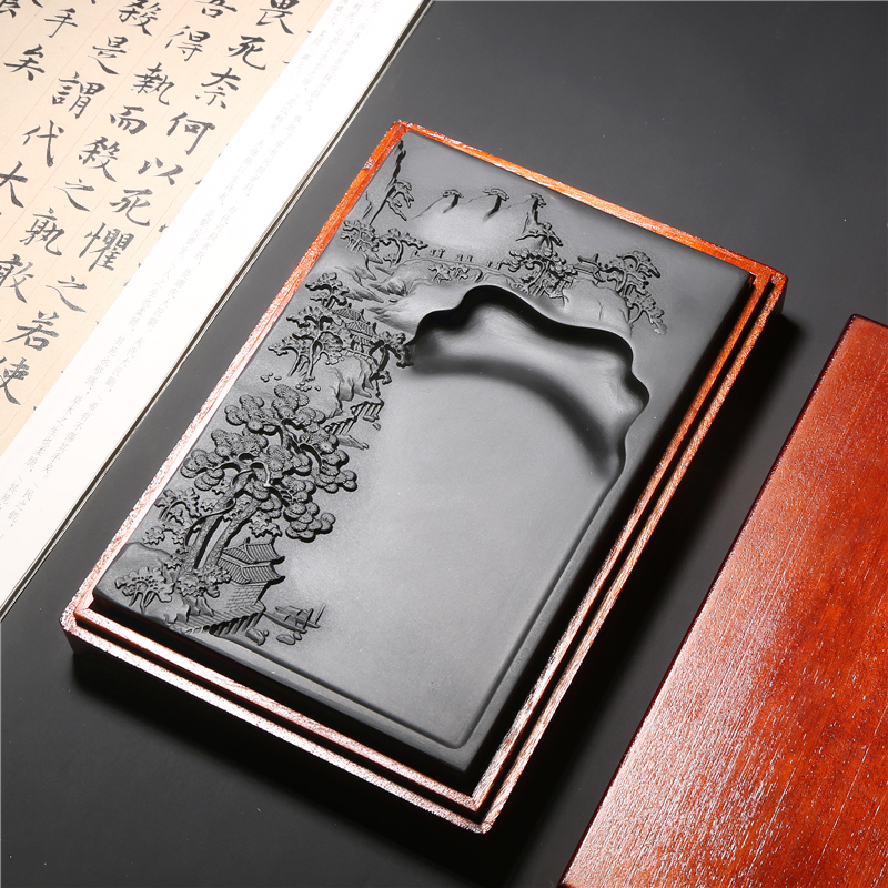 Fine Shixian Stone, Designed by a Master Craftsman, Landscape Inkstone Made from Old Pit Raw Stone, Suitable for Calligraphy and Painting, Study Room Gift, Comes with Wooden Box, Duan Stone