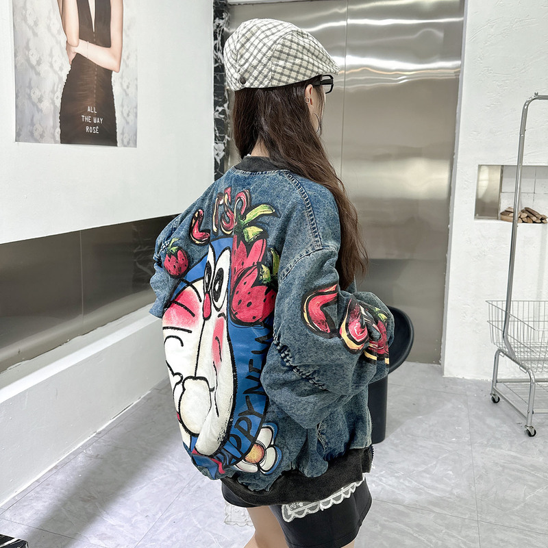 European-Style Oversized Denim Jacket for Women with Cartoon Heavy-Duty Sequin Embroidery, Loose and Stylish High-Street Hip-Hop Jacket