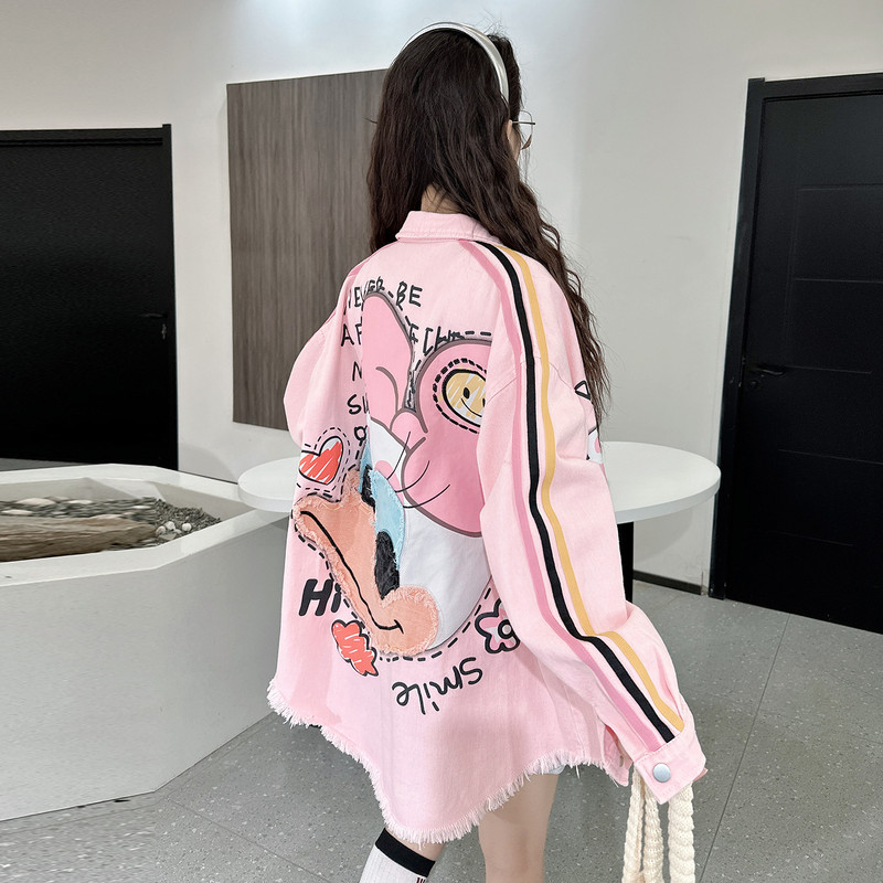 European-Style Oversized Denim Shirt 2026 Spring and Autumn New Dopamine Fashion High-End Cartoon Top Hip-Hop Jacket