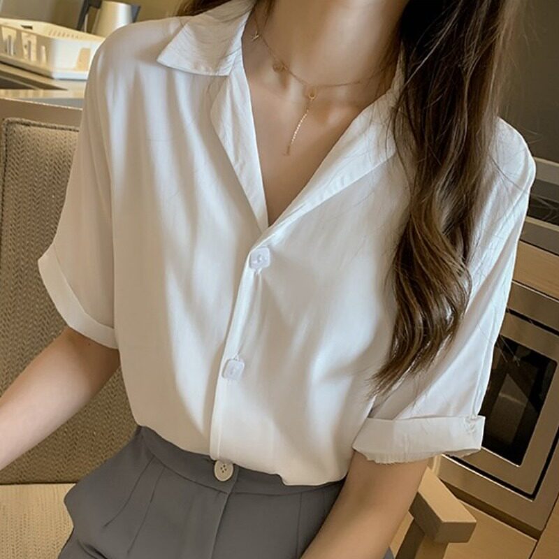 White chiffon shirt top women's summer short-sleeved design sense niche large size fat MM220 catties loose professional shirt