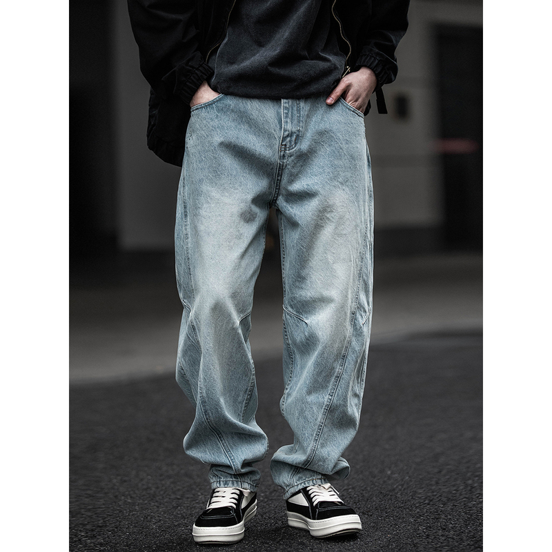 American Retro 14-Ounce Patchwork Washed Blue Micro-Flared Jeans for Men, Trendy Brand Loose Harem Scimitar Work Pants American Retro 14-Ounce Patchwork Washed Blue Micro-Flared Jeans for Men, Trendy Brand Loose Harem Scimitar Work Pants