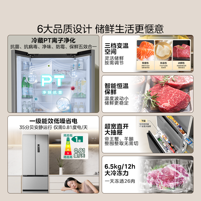 Midea Ultra-Thin Fresh-Keeping High-Capacity 417/418 Refrigerator French-Style Multi-Door Double-Opening Household Built-In First-Class Small Apartment