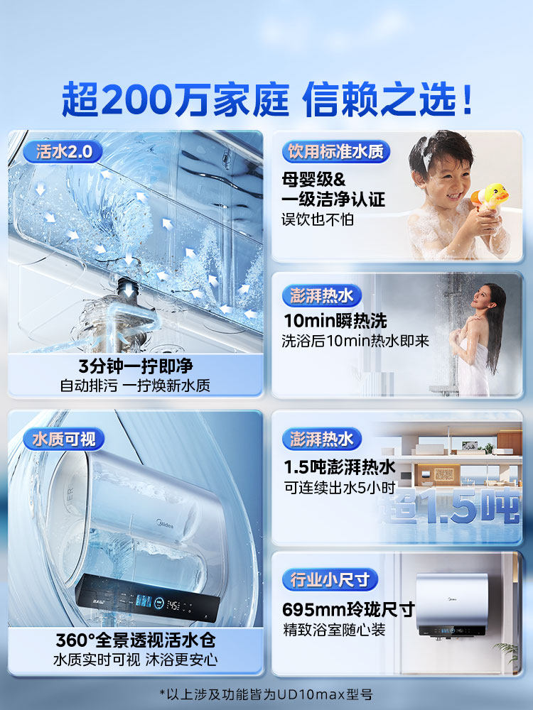 Midea Living Water 2.0 Electric Water Heater Ud10Max Dual Tank Flat Barrel for Home Use, Level 1 Home Appliance Official Flagship Store