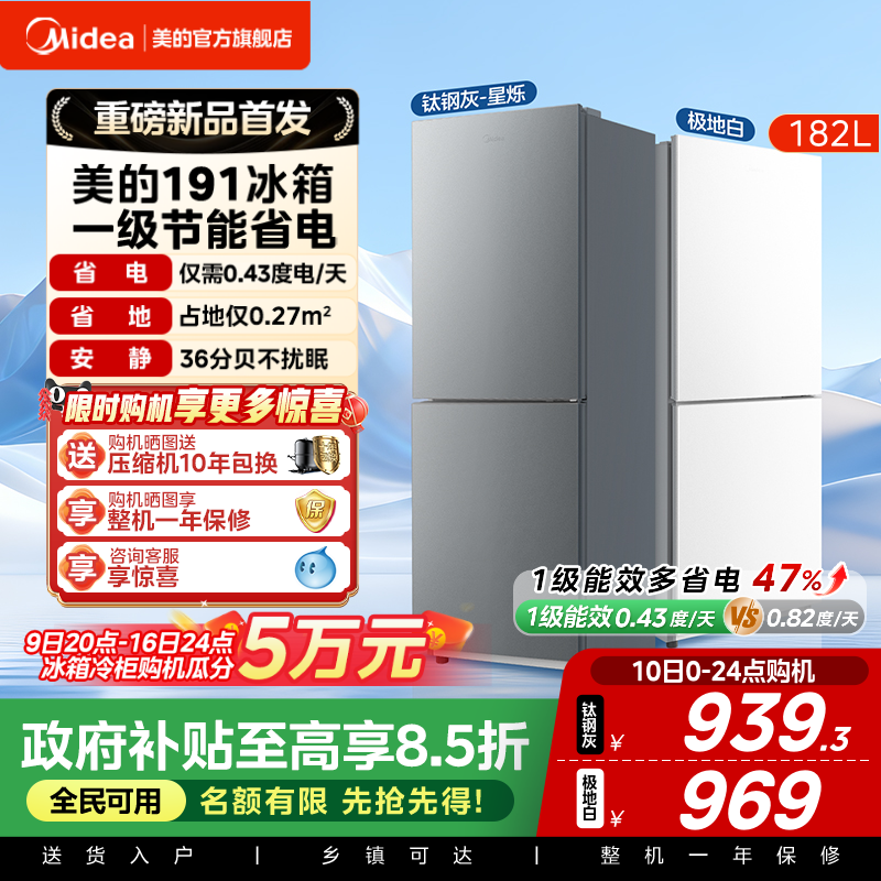 美的公式191型低騒音省エネミニ冷蔵庫（賃貸寮向け、家庭用2ドア冷蔵庫、エネルギー効率レベル1）（2026年モデル）