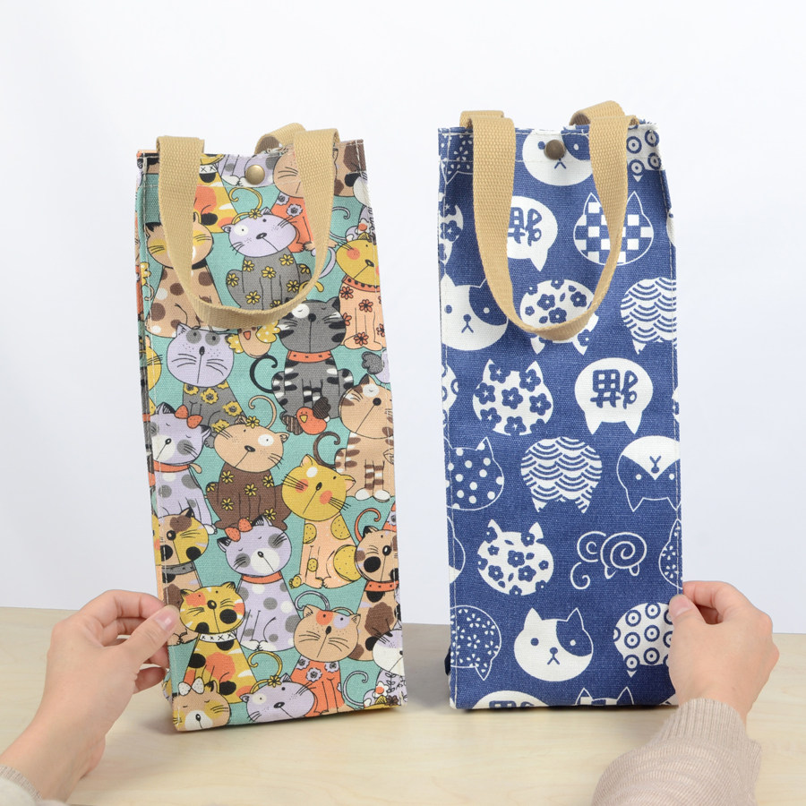 Large-capacity waterproof cartoon canvas kettle cup bag portable stainless steel thermos bottle outdoor insulation pot storage bag