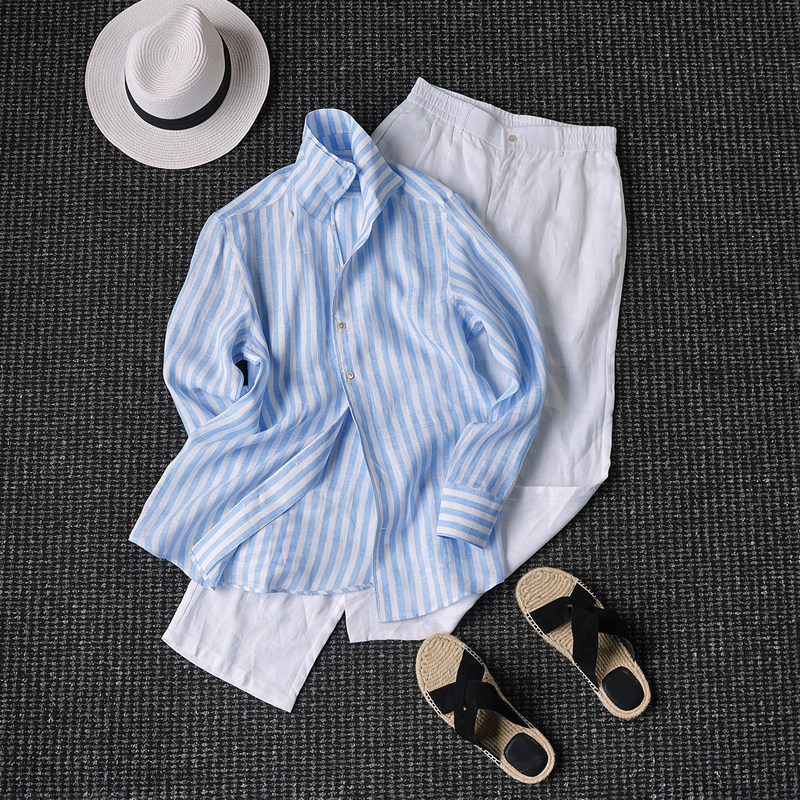 Cssugent Naples Queen Haute Couture 21-Count Linen One-Collar Striped Shirt for Men, Relaxed Fit Trendy Shirt