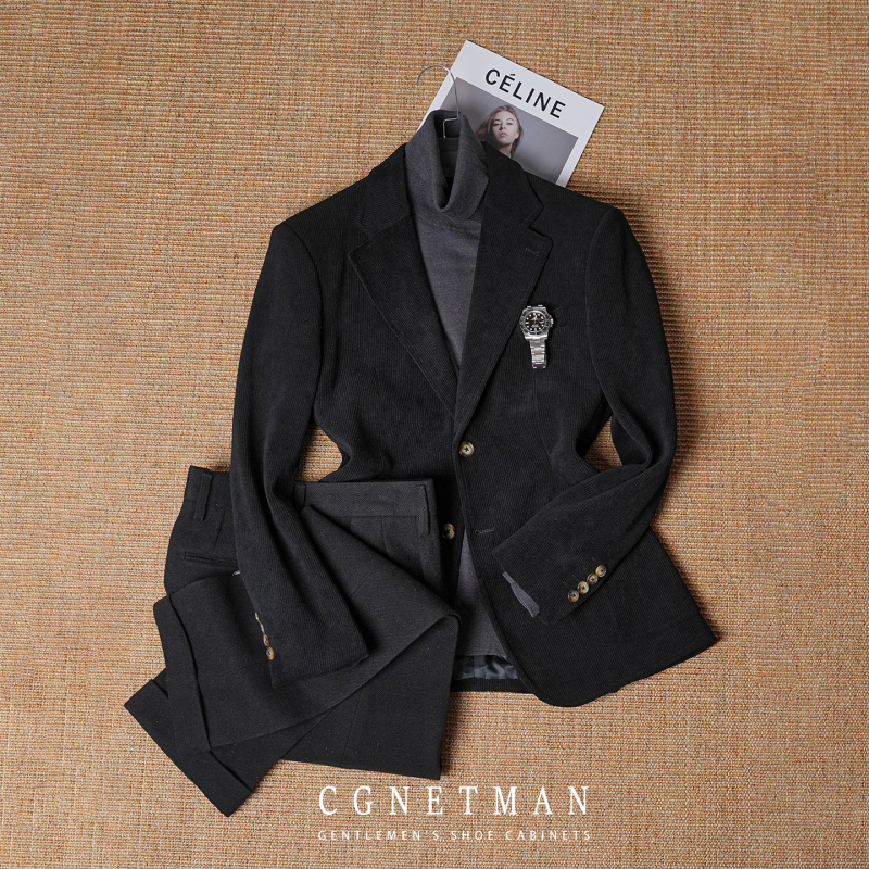 Cssugent Autumn and Winter Italian Retro Naples Casual Suit Heavyweight Thickened Corduroy Suit Jacket