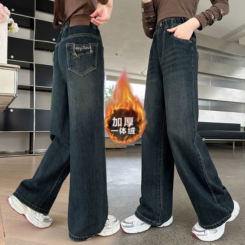 Брюки для девочек плюс бархатная осенне-зимняя одежда, новые стильные вельветовые джинсы 