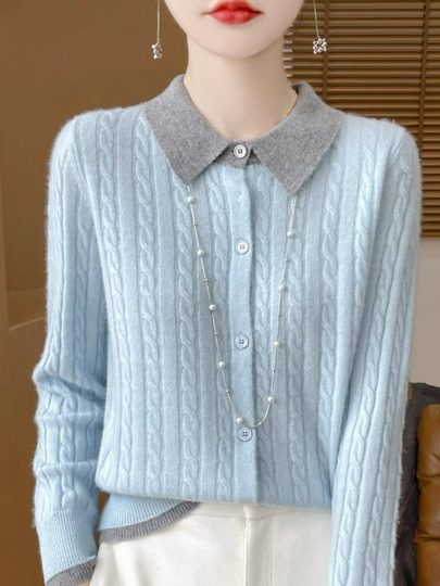 Новый стильный кардиган YENR с воротником-поло из шерстяной ткани для женщин, свободный свитер с цветными блоками и витым узором, утягивающий верхняя одежда