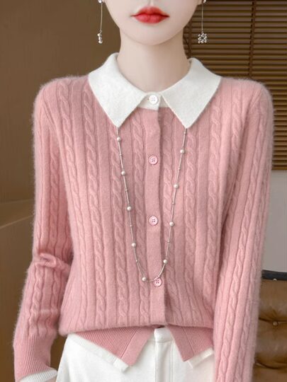 Новый стильный кардиган YENR с воротником-поло из шерстяной ткани для женщин, свободный свитер с цветными блоками и витым узором, утягивающий верхняя одежда