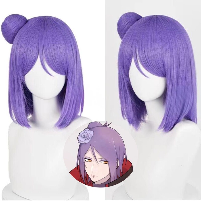 No Need to Trim Naruto Konan Cosplay Wig, Face-Slimming Short Style with Bangs + Hair Bun in Stock