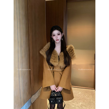 F PROJECT 进口90澳洲羊毛+10羊驼毛系带双面羊绒大衣（狐狸毛领