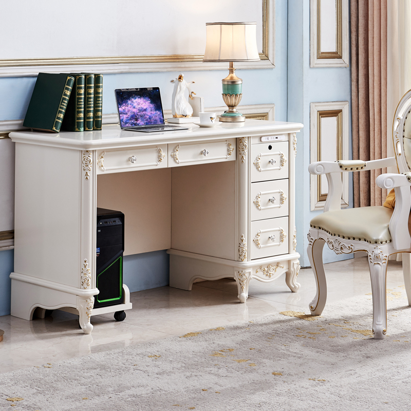 European-Style Desk, High-End Luxury Computer Desk, Home Writing Desk, Solid Wood French-Style White Student Study Desk, Office Desk
