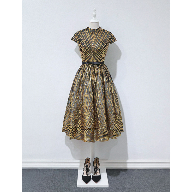 Yoyo Retro Gold Sequin Korean Style Dress Banquet Annual Meeting Party Short Evening Dress for Women