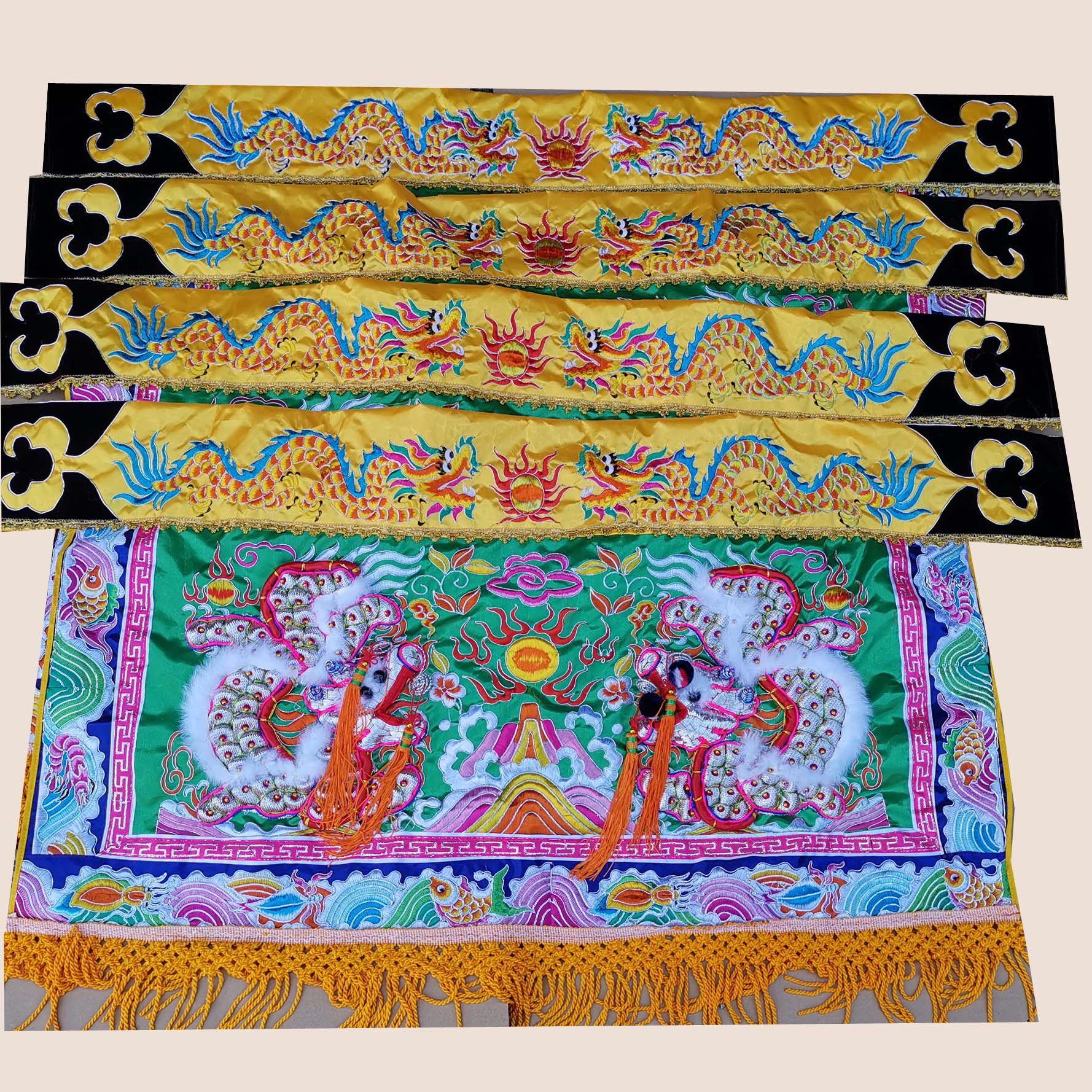Tianlong Embroidery Grain Scale Shuanglong Playing Pearl Car Side Skirt Ssangyong Worship Pagoda Car Stick Colored Cloth Tube Embroidered Words