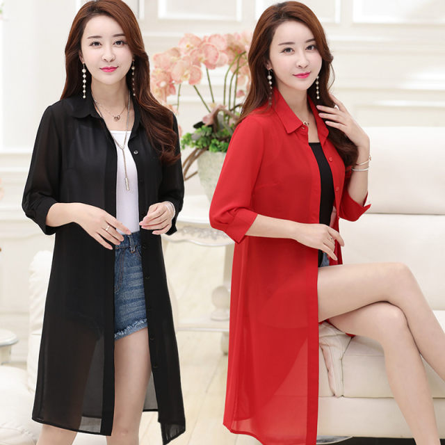 New sun protection clothing women's summer thin mid-length beach coat air-conditioning all-match Korean chiffon shirt cardigan shawl outside wear