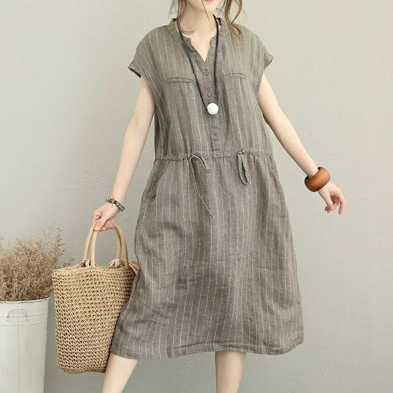 2025 New Cotton and Linen Tie-Waist Vertical Striped Dress for Women, Spring and Autumn New Vintage Artistic Pullover Mid-Length Dress for Women 2025 New Cotton and Linen Tie-Waist Vertical Striped Dress for Women, Spring and Autumn New Vintage Artistic Pullover Mid-Length Dress for Women