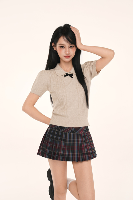 Byemypie Age-Reducing Doll Collar Bow Short-Sleeved Knit Top for Women, New Spring and Summer Style with Twist Design Short Top