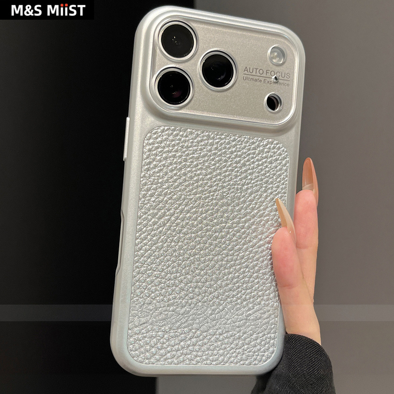 Msmiis Is Suitable for Iphone17Promax Special Mobile Phone Case 17Air2026 New Minimalist Titanium Gray Leather Lychee Pattern Apple 16P Fine Hole Large Window 15 Anti-Fall Soft Edge Protective Case