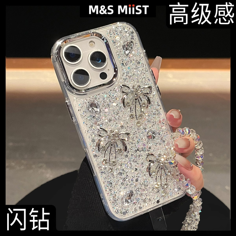 British M&S Miist Is Suitable for Apple 17Promax Phone Case Iphone16Pro New High-End Glitter Case 15Plus All-Inclusive Anti-Fall 14 Rhinestone Bow with Hanging Chain 13 Women's Case