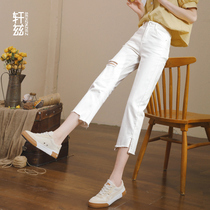 Henze white jeans girl high waist hole 2022 new loose nine pants open wide leg straight pants
