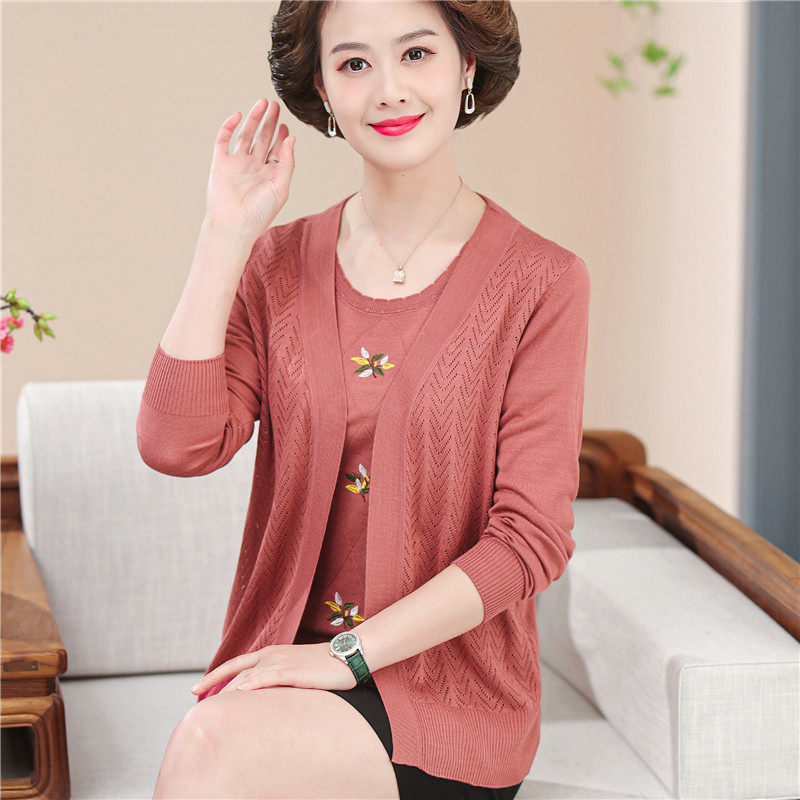 Mother Spring Summer Loaded Clothes Middle-aged Woman Spring Dress Long Sleeve Foreign Pie Jacket Mid-Age Undershirt Two-piece Suit