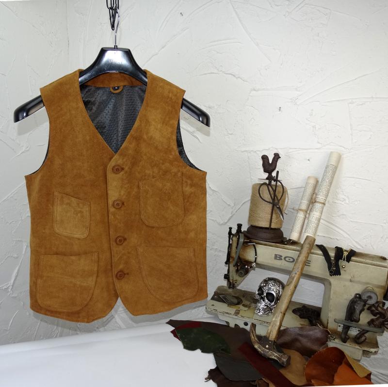 Selling at a Loss! Suede Cowhide Drapey, Weighty, Khaki Vintage Slim-Fit Genuine Leather Jacket and Leather Vest for Men