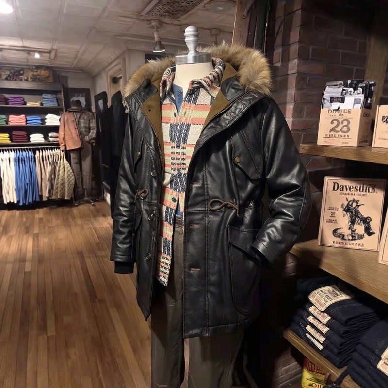 26 Spring New [Heavyweight Full Grain Leather] Rl Real Fur Collar Mid-Length Hooded Parka Genuine Leather Coat for Men and Women
