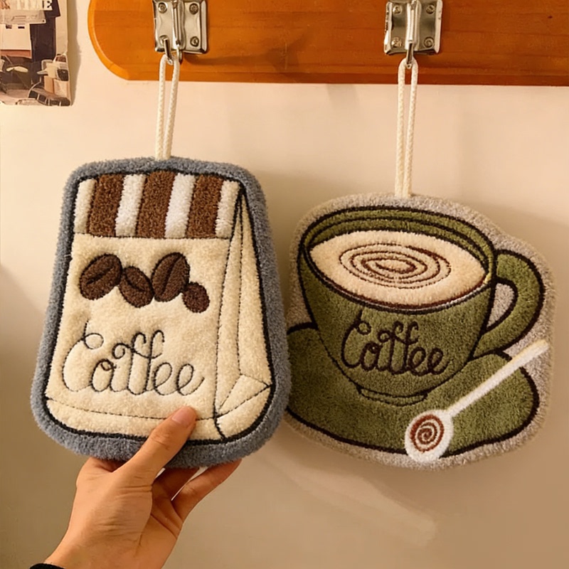 Coffee-Colored Hanging Coral Fleece Hand Towel, Thick and Absorbent, Lint-Free, Cute Cartoon Design, for Home Kitchen Use