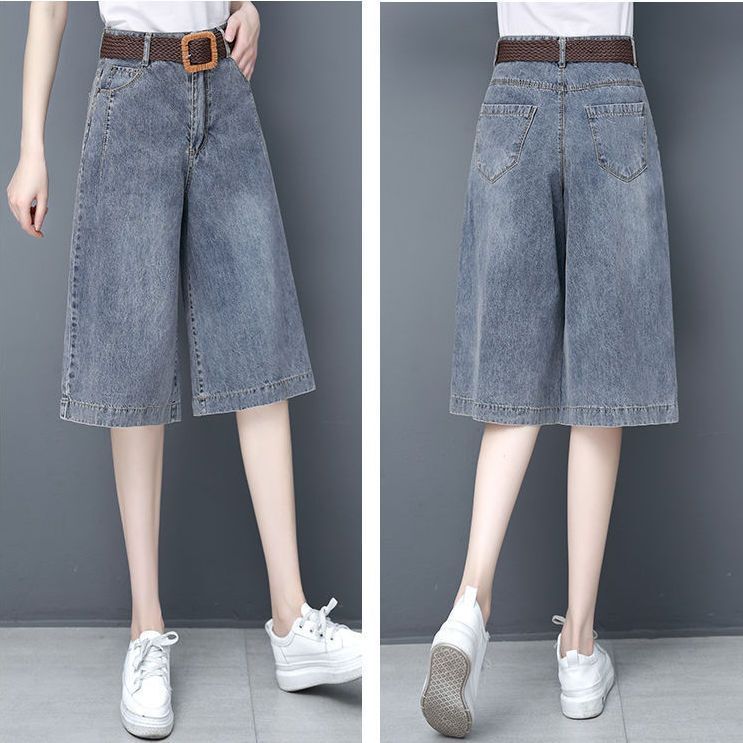 Over-The-Knee Denim Shorts for Women, Summer New Style, High-Waisted Wide-Leg Pants, Thin, Loose, Slimming, Straight-Leg Mid-Length Shorts